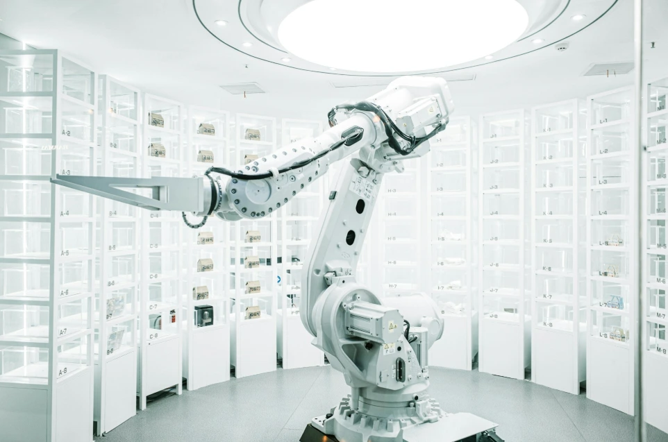 white robotic arm in display showroom